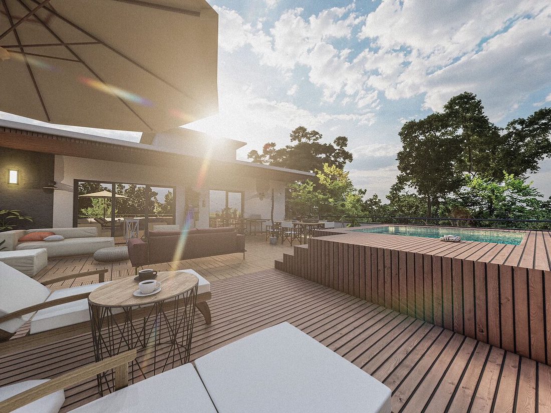 Terrasse mit Pool im Abendlicht